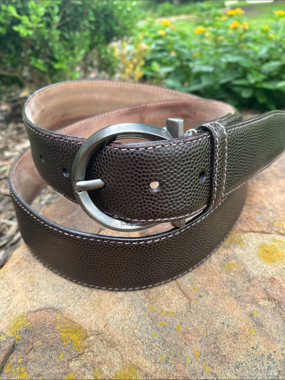 Salvatore Ferragamo Signature Gancini Buckle Textured Leather Belt